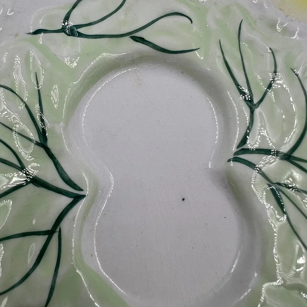 Vintage Ceramic Deviled Egg Platter 12 Wells Yellow Green Leaf Detail 11 Inch